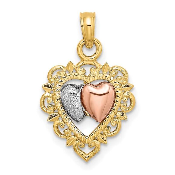 14k Yellow & Rose Gold w/White Rhodium Textured Hearts Charm